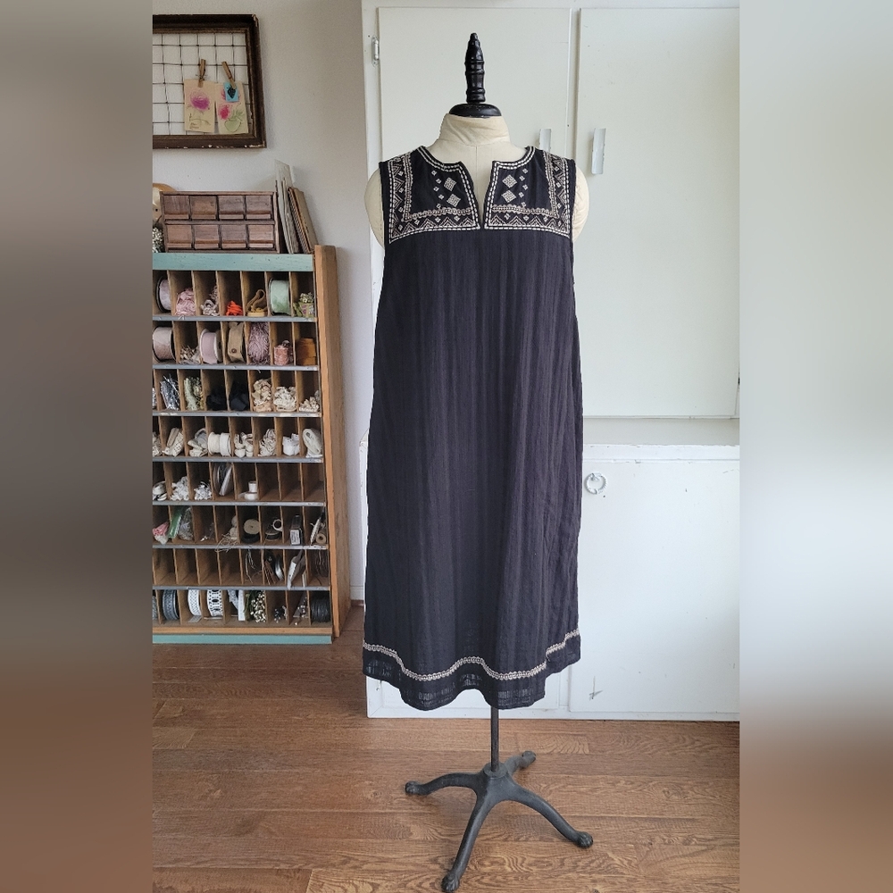 J Jill Embroidered Womens Shift Dress Boho Black Pockets Knee Length SZ S Cotton - Picture 8 of 8